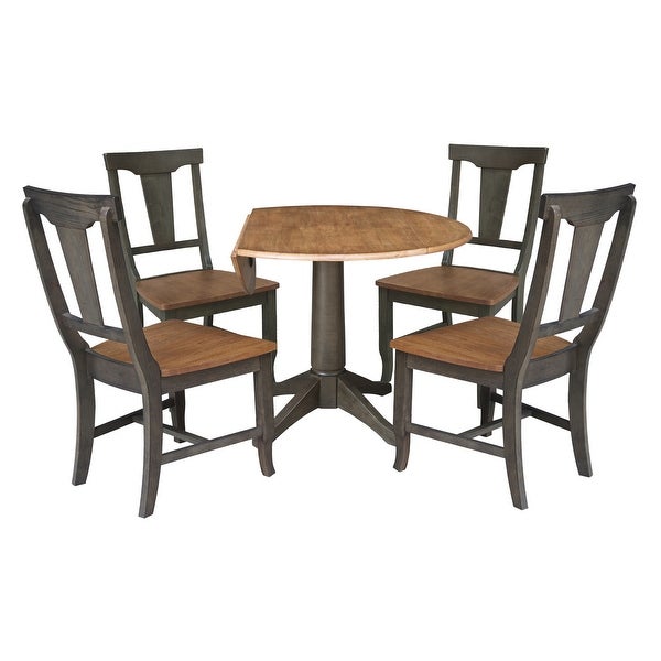 42 in. Round Dual Drop Leaf Dining Table with 4 Panel Back Chairs in Hickory/Washed Coal - 5 Piece Set