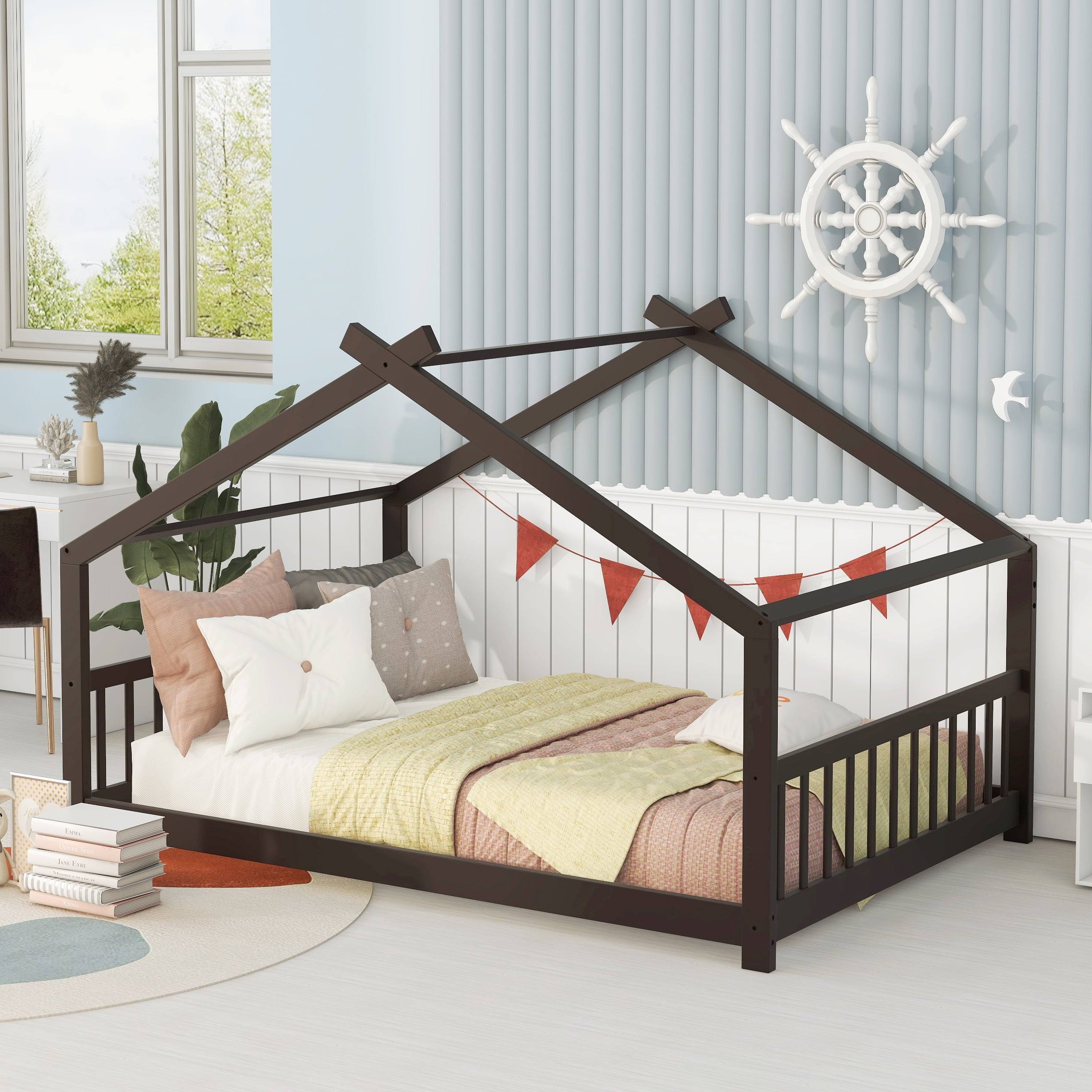 Full Size House Bed, Montessori Style Floor Bed Frame, Wood Kids Fun Playhouse Twin Bed with Headboard and Footboard for Toddlers Girls Boys Teens（Espresso)