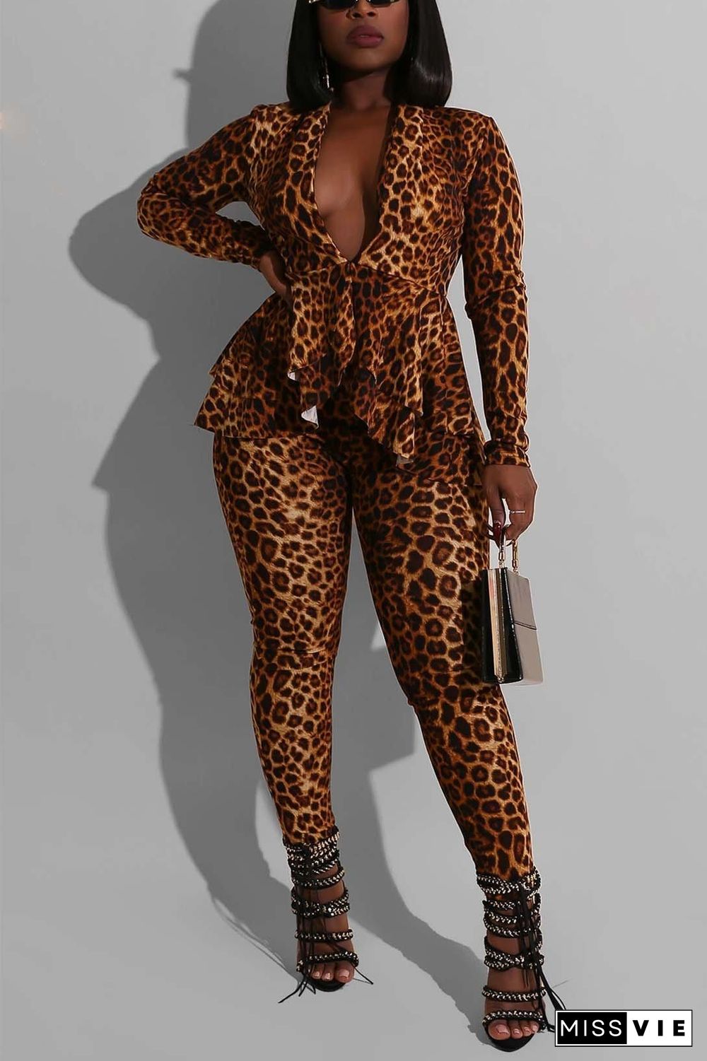 Leopard Printing Long Sleeve Pants Casual Set