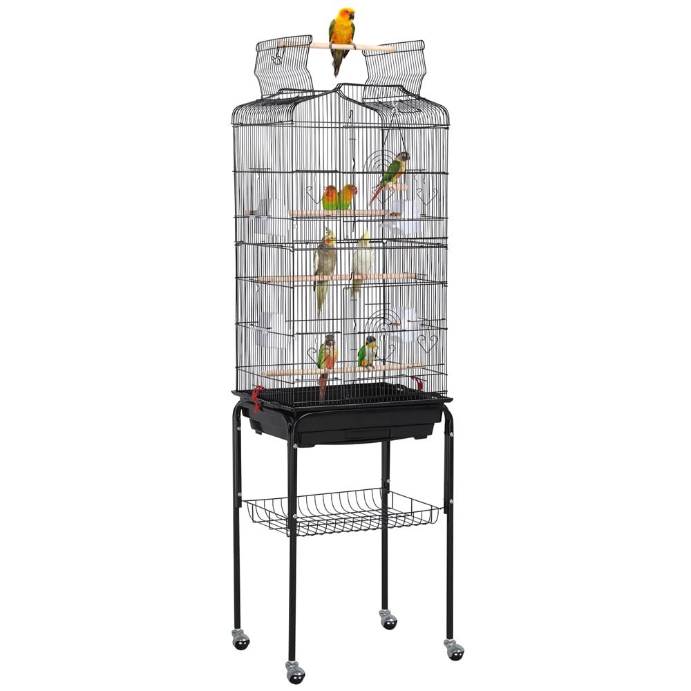 Easyfashion 64'' H Rolling Birdcage Parrot Cage with Open Top Black