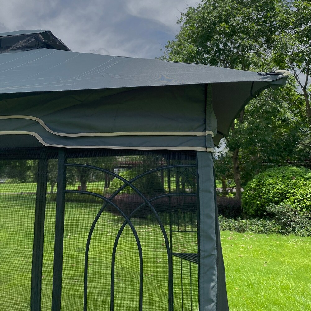 13' x 10' Outdoor Patio Garden Gazebo Canopy  Outdoor Shading with Steel Roof  2 Tier Roof Gazebo Tent With Curtains