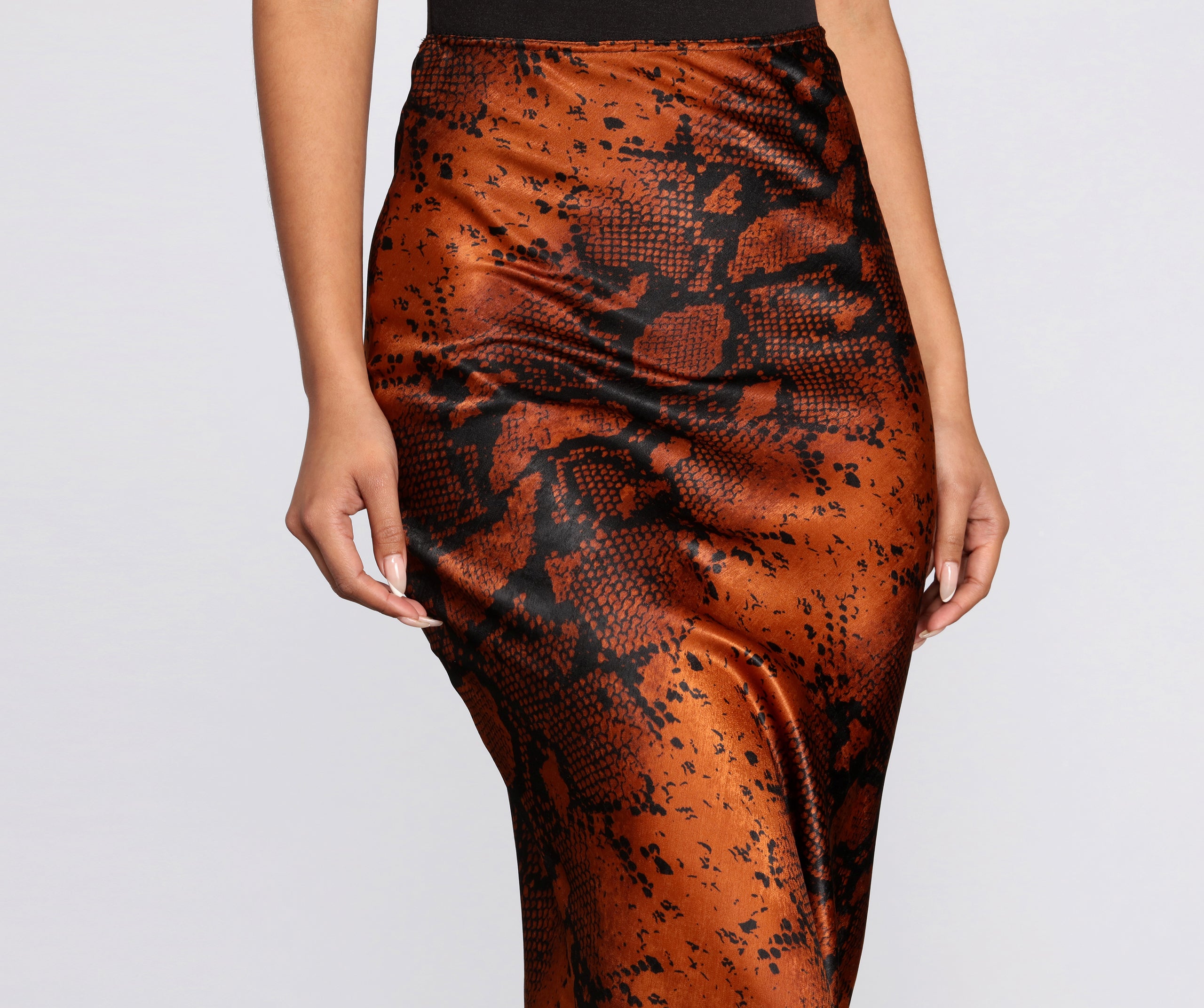 Satin Flared Snake Midi Skirt