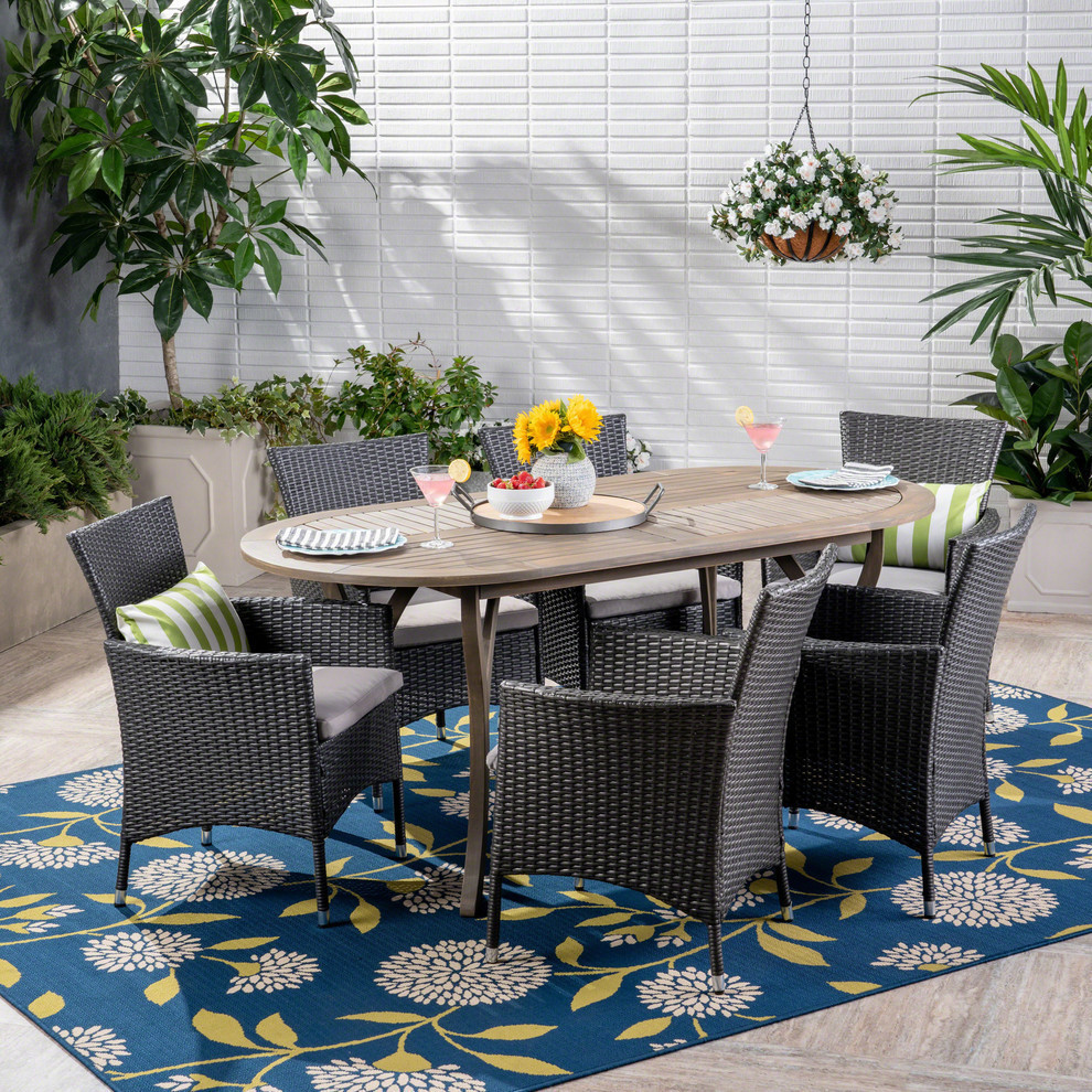 GDF Studio 7 Piece Dahl Outdoor Wood and Wicker Dining Set  Gray/Gray/Silver   Tropical   Outdoor Dining Sets   by GDFStudio  Houzz