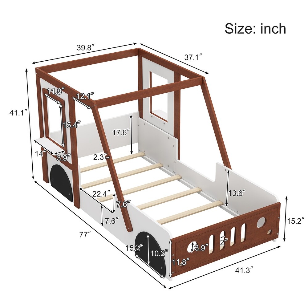 Brown/White Twin Size Car Shaped Platform Bed  Wooden Kids Floor Bed