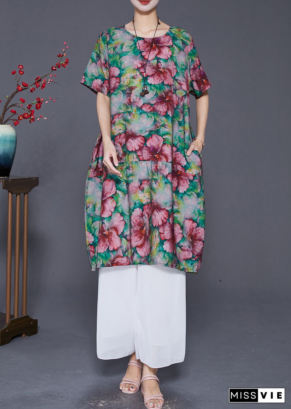 Elegant Slim Fit Floral Print Linen Holiday Dress Summer