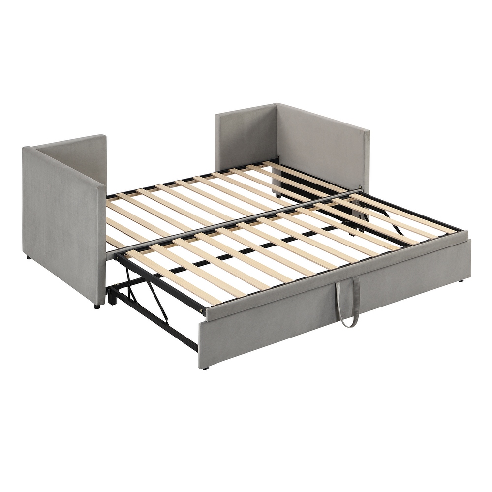 Twin Size Upholstered Daybed with Pop up Trundle  Wooden Sofa Bed Frame with Wood Slat Support for Bedroom  Living Room