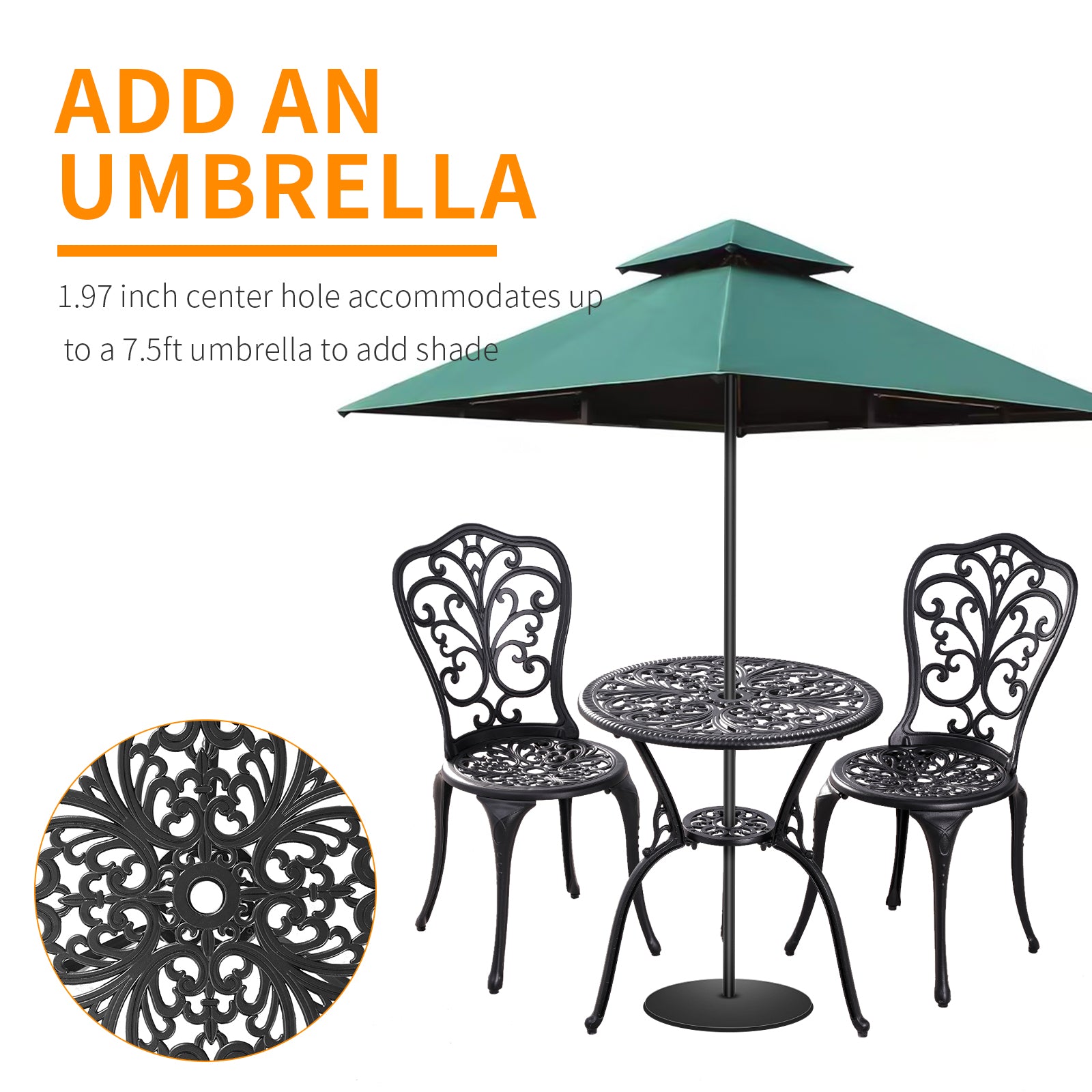 Withniture 3 Piece Patio Bistro Sets Cast Aluminum Bistro Table Set Outdoor Patio Furniture with Umbrella Hole for Patio Set Black