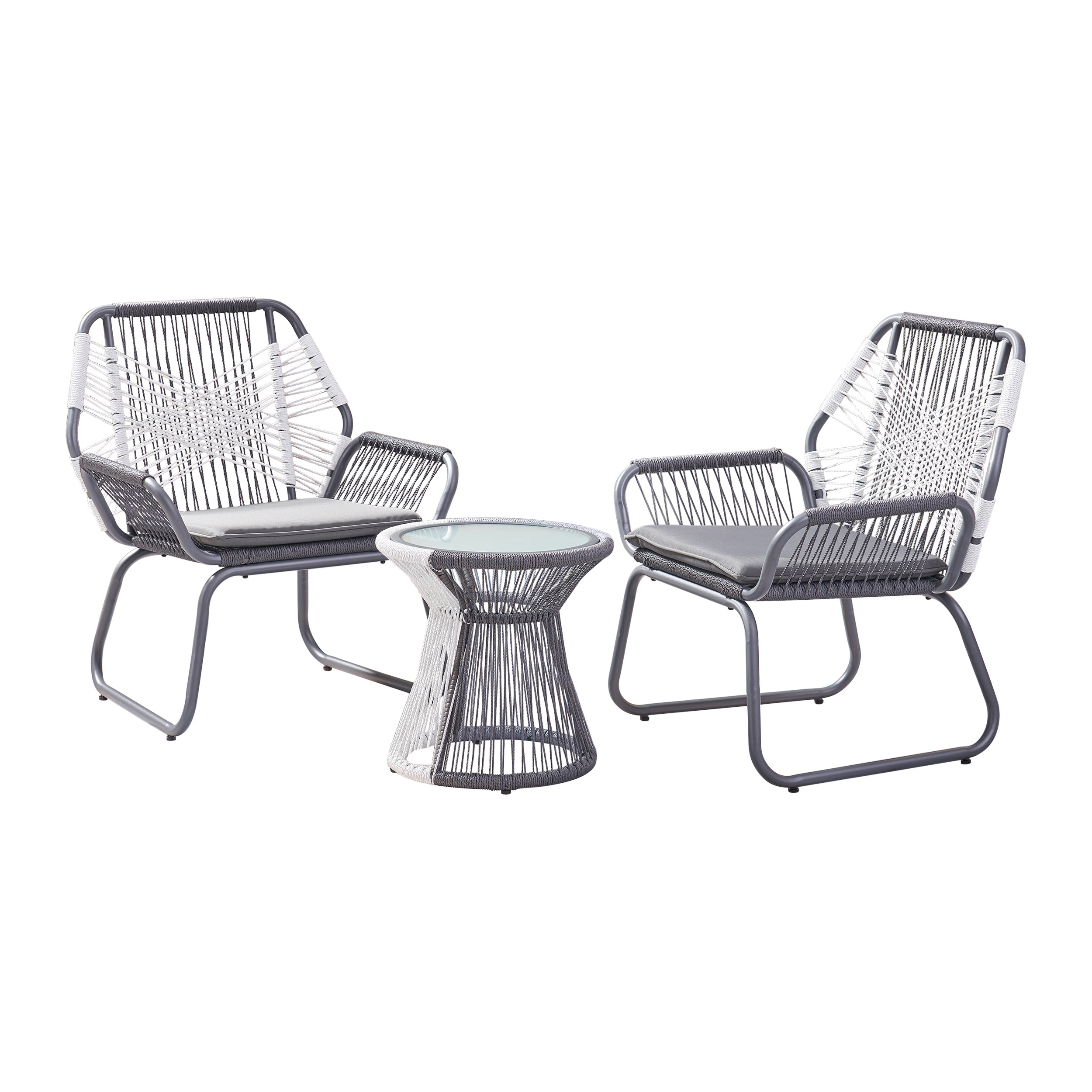 Connie Outdoor 3 Piece Rope and Steel Chat Set, Gray Finish and White