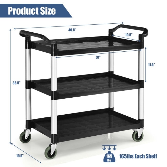 3 Shelf Utility Service Cart Aluminum Frame 490lbs Capacity with Casters   48.5\