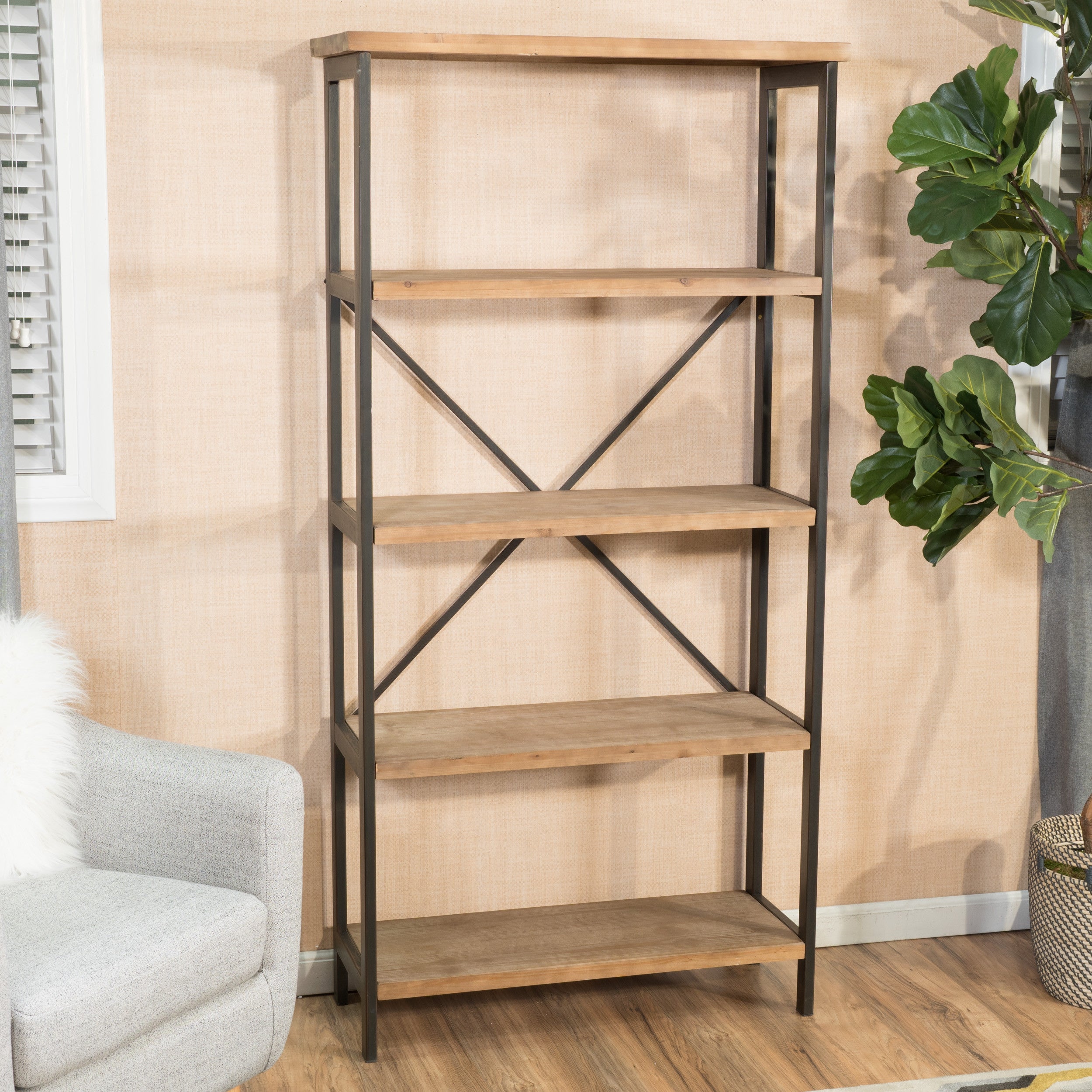 Warner Rustic 4 Shelf Wood & Metal Etagere Bookcase