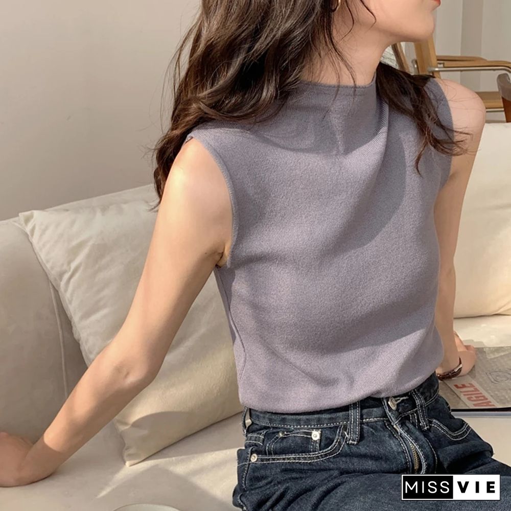 Sexy Knitted Top Summer Turtleneck Tank Top Women Camisole Blouse Sleeveless Slim Top Female Sleveless T-shirt Vest Casual Cami