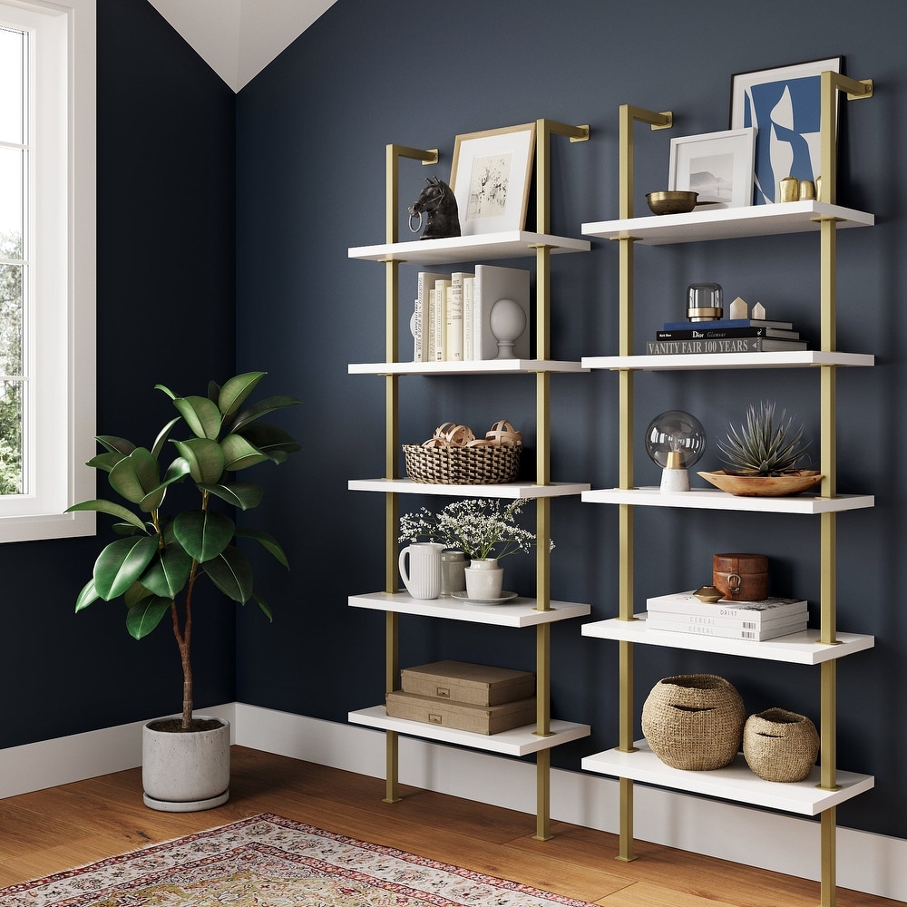 Nathan James Theo 5 Shelf Ladder Bookcase Wood with Metal Frame