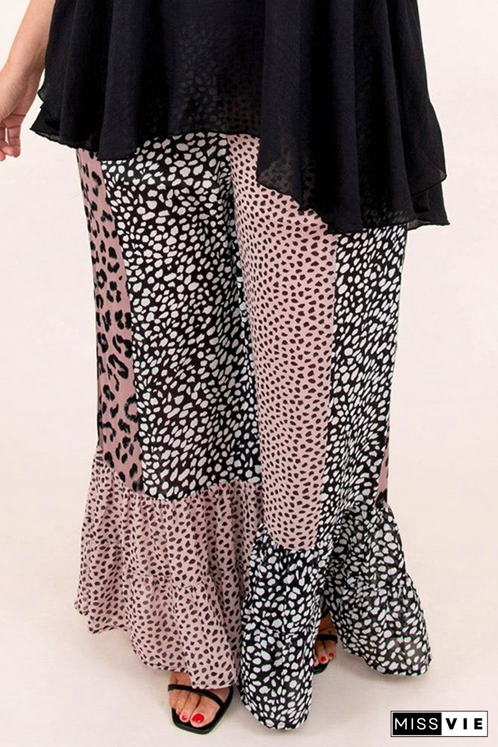 Leopard Print Color Block Ruffled Plus Size Pants