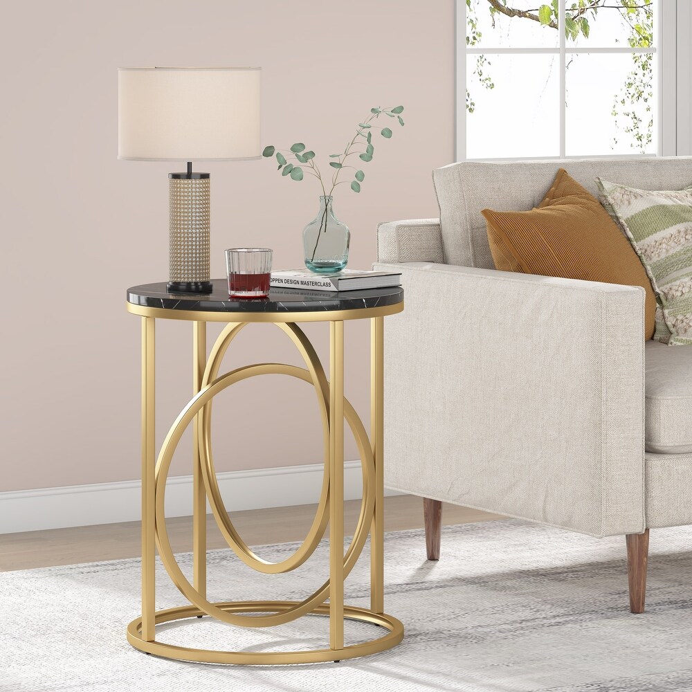 20 in. Marble Black Round Wood End Table with Gold O shaped Base