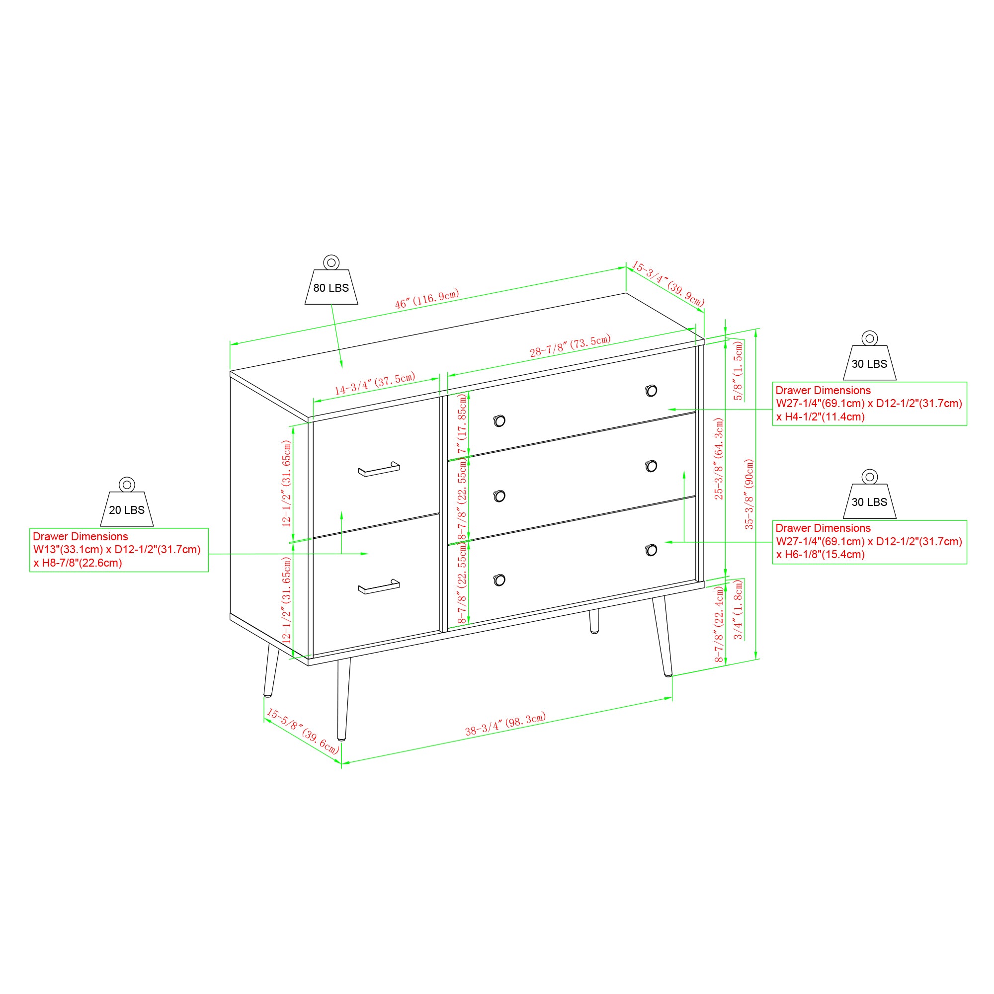 Manor Park Modern Asymmetric 5 Drawer Wood Dresser, Birch