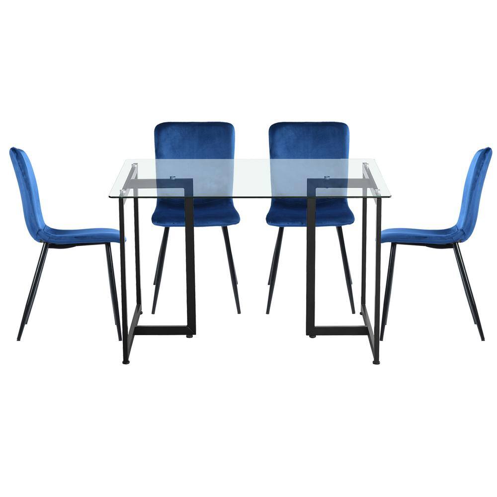 Homy Casa Slip Scargill Blue 5-Pcs Dining Set with Glass Top Black Leg Table and Velvet Upholstered Chairs SLIP GLASS BLACK LEG +SCARGILL BLUE