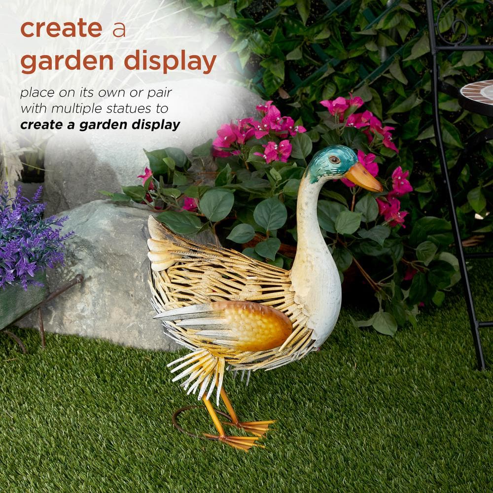 Alpine Corporation 20 in. H Indoor/Outdoor Metal Standing Duck Decorative Garden Statue, Gold/Green MBG142HH