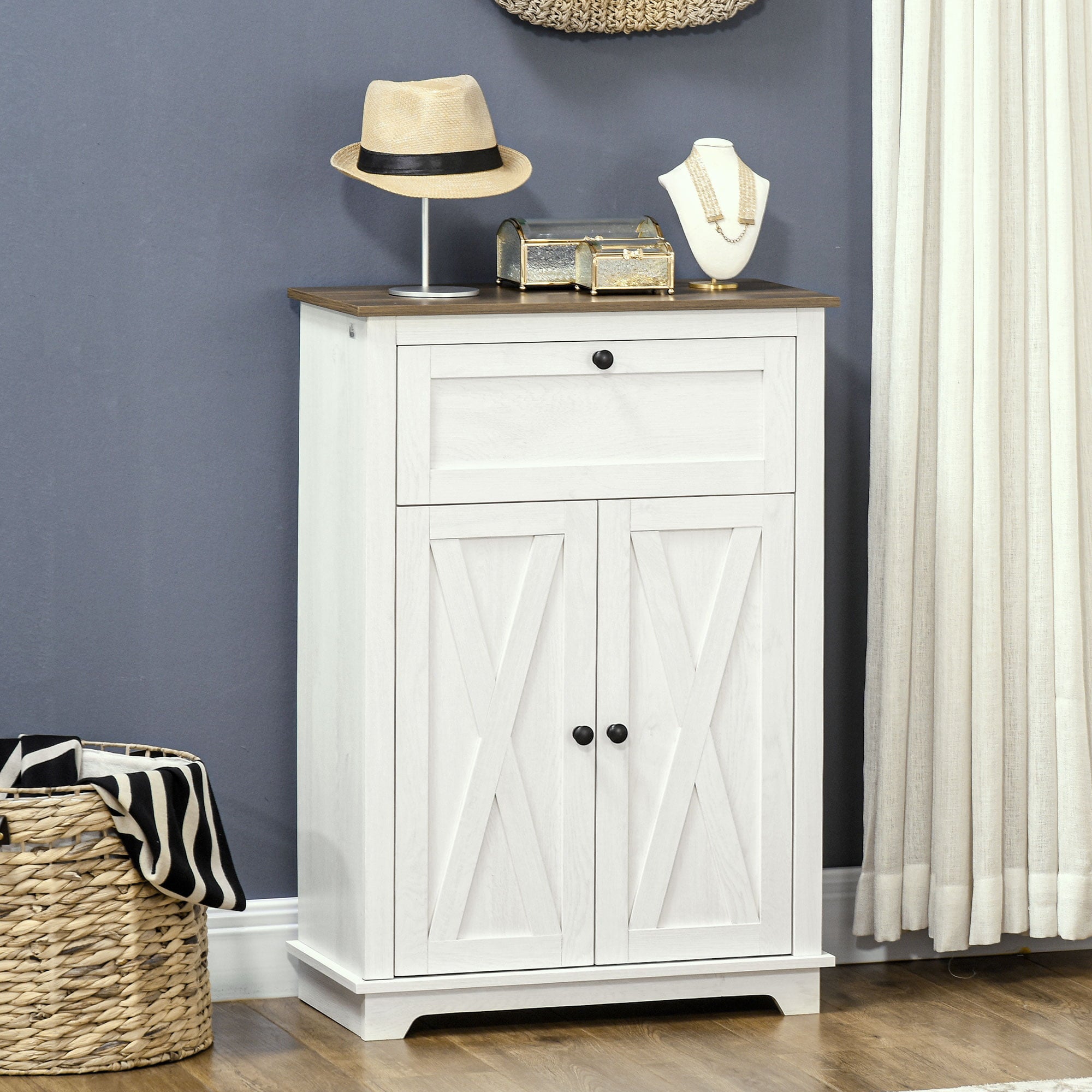 HOMCOM Farmhouse Storage Cabinet， Sideboard with Double Doors， Drawer， and Adjustable Shelf for Kitchen， Bedroom， Living Room， White