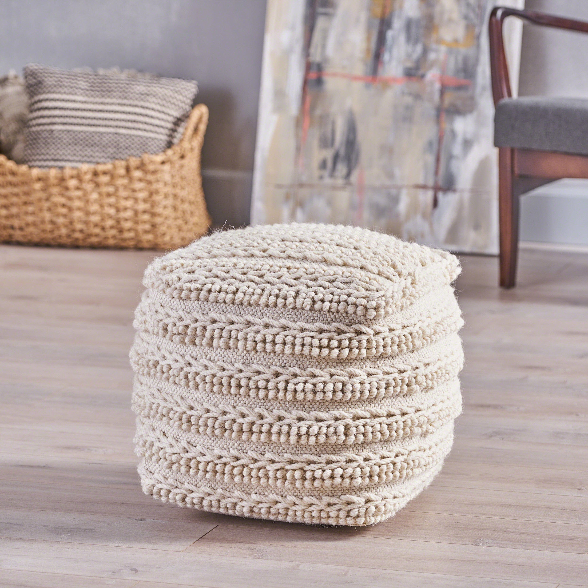 Deke Handcrafted Boho Fabric Cube Pouf