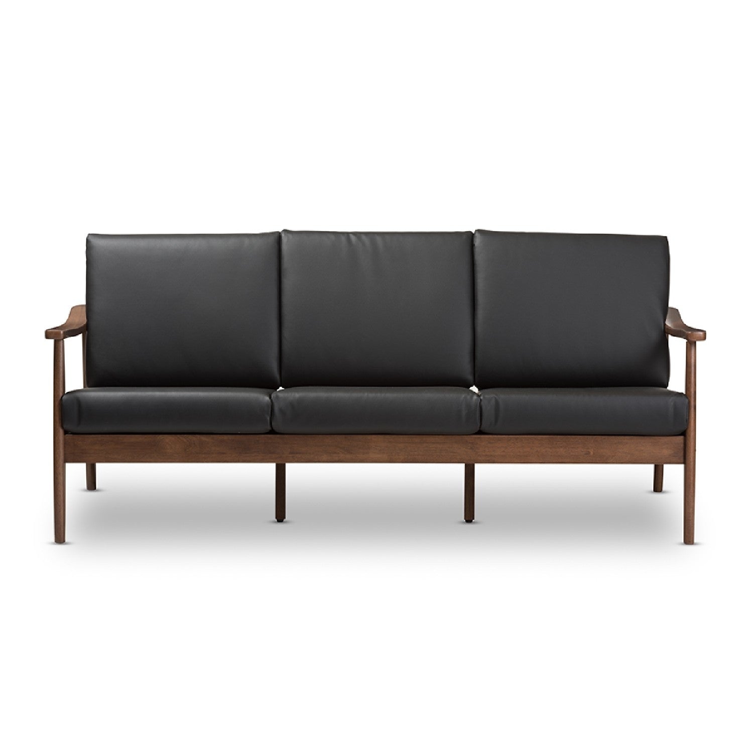 Baxton Studio Venza Walnut Wood Black Faux Leather 3 Seater Sofa