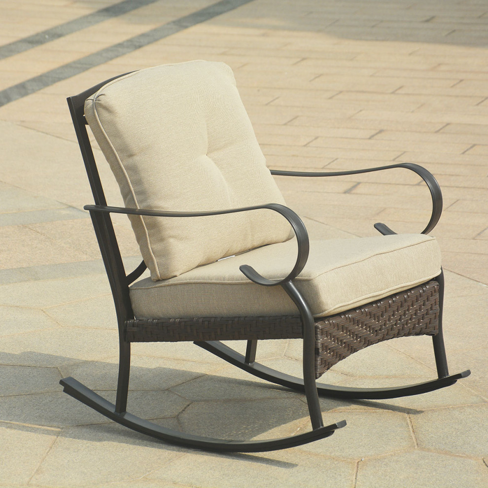 HomeRoots 25 quotX 33 quotX 34 quotBlack Steel Patio Rocking Chair With Beige Cushions   Tropical   Outdoor Rocking Chairs   by Virventures  Houzz