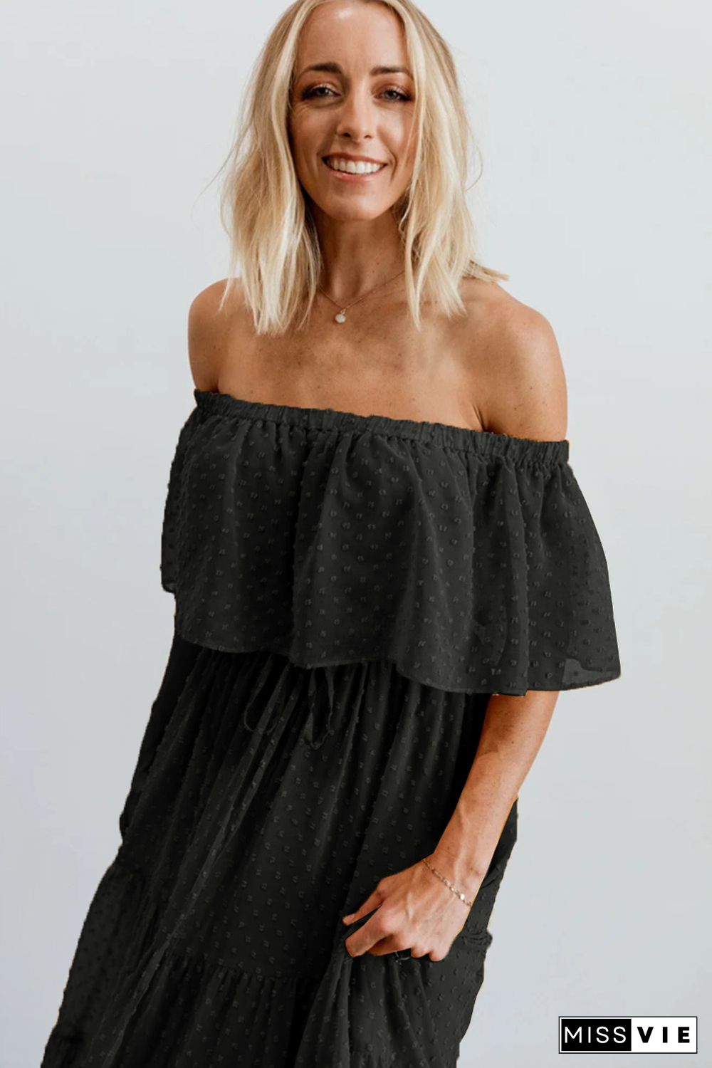 Black Off Shoulder Ruffle Swiss Dot Maxi Dress