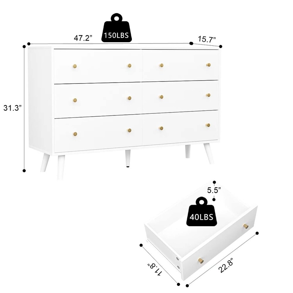 Dresser for Bedroom  Modern White Dresser with 6 Drawers  Wide Chest of Drawers with Gold Handles