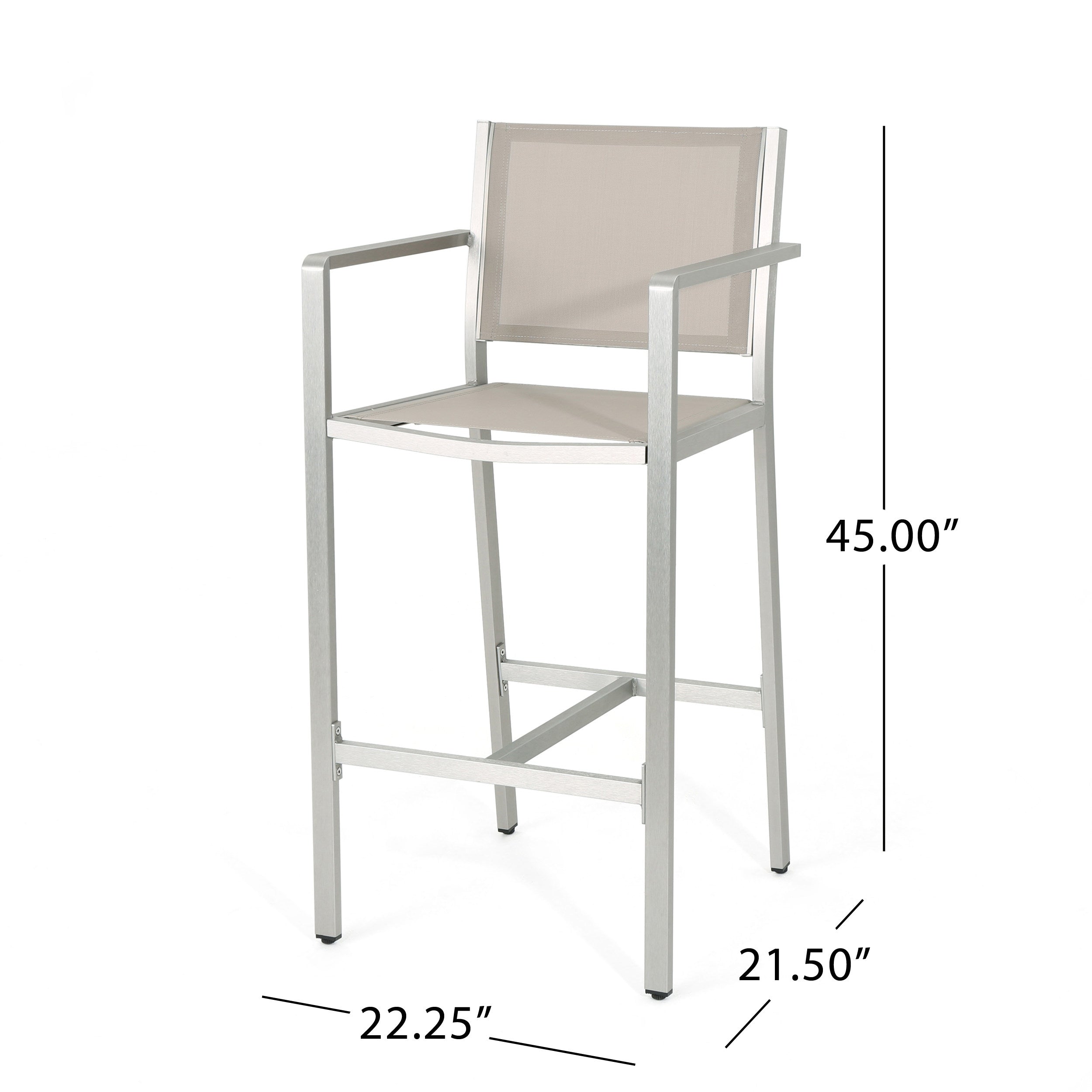 Tracy Outdoor 5 Piece Silver Rust-Proof Aluminum Bar Set with Grey Mesh Seats and Grey Tempered Glass Top Bar Table