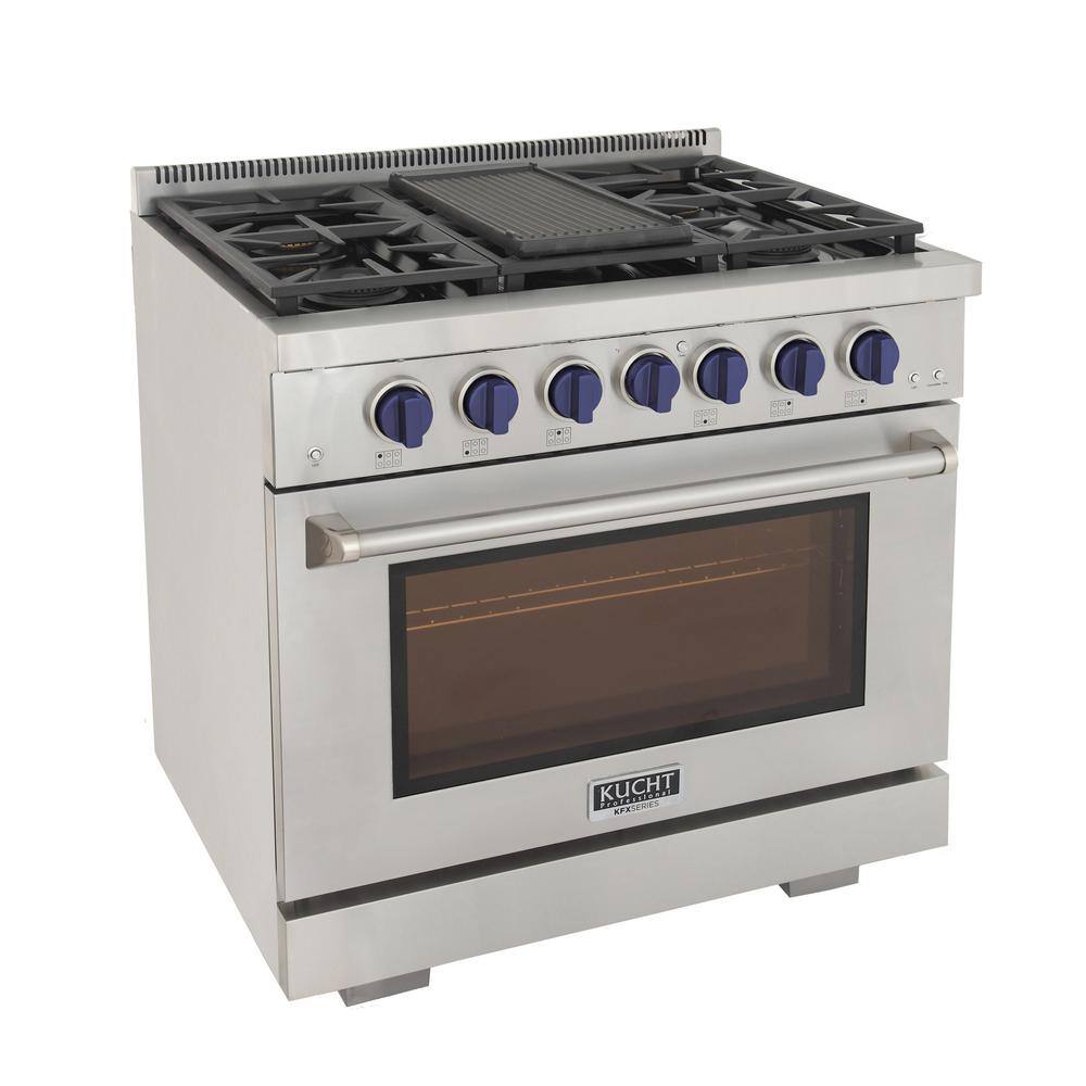 Kucht Pro-Style 36 in. 5.2 cu.ft. Natural Gas Range with 21K Power Burners Convection Oven in Stainless Steel and Blue Knobs KFX360-B