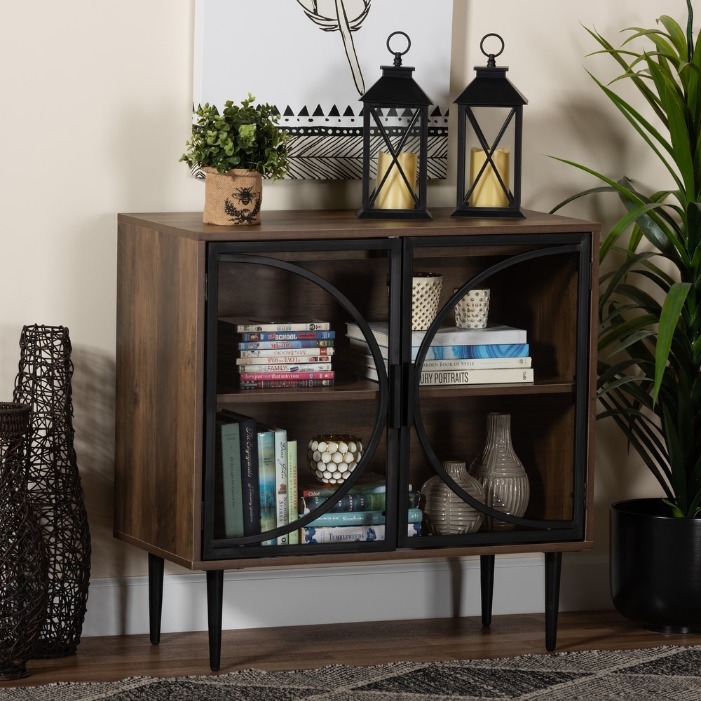 Carter Mid Century Modern Industrial Walnut Brown Finished Wood and Black Metal 2 Door Sideboard