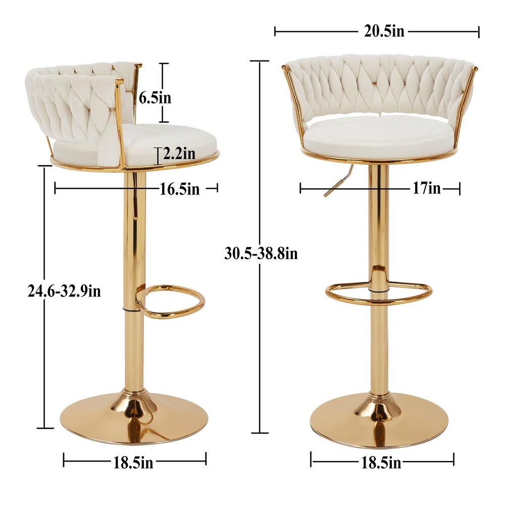 Javlergo Velvet Bar Stools Set of 2  360° Swivel Adjustable Height Barstool with Woven Back   Footrest