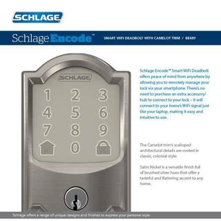 Schlage Camelot Satin Nickel Encode Wifi Electronic Touchscreen Door Deadbolt Alarmed Lock BE489WB V CAM 619