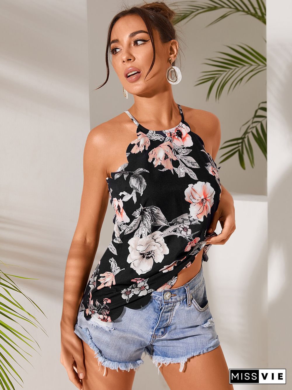 Random Floral Print Halter Sleeveless Cami