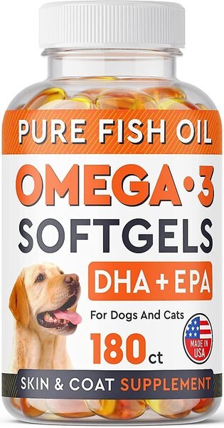 StrellaLab DHA + EPA Omega-3 Fish Oil Softgels Dog Skin and Coat Supplement， 180 count