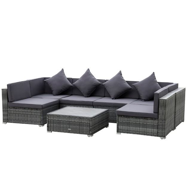 Outsunny 7 piece Outdoor Wicker Sofa Set Pe Rattan Sectional Furniture Patio Couch W Acacia Top Coffee Table amp Cushion For Garden Backyard