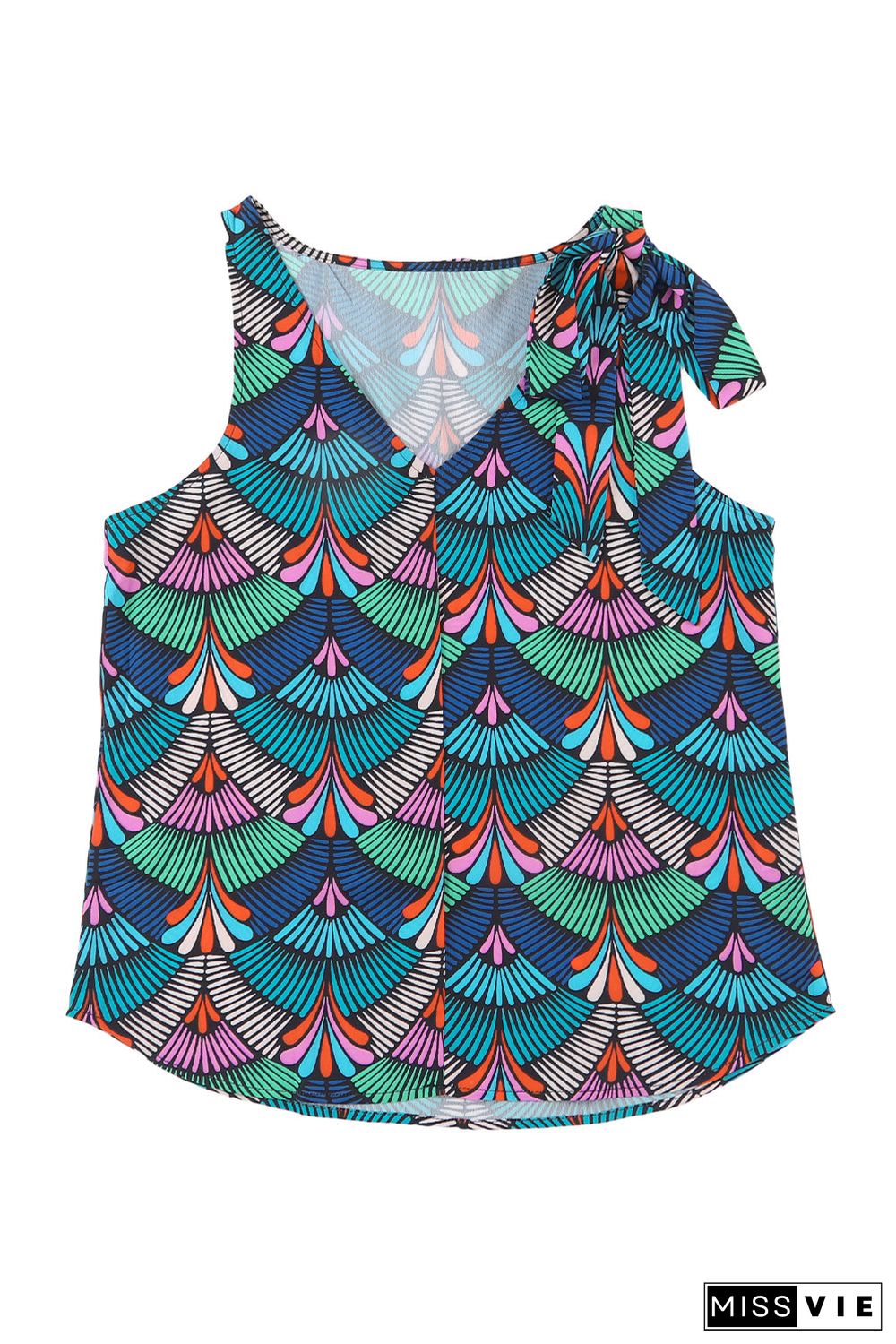 Blue Printed Knotted Shoulder Tank Top