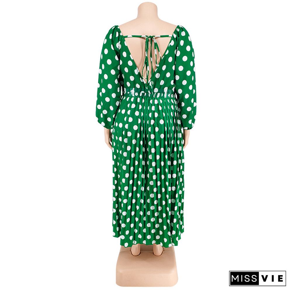 Long Sleeve One-Line Collar Pleated Print Polka Dot Dress (With Belt)