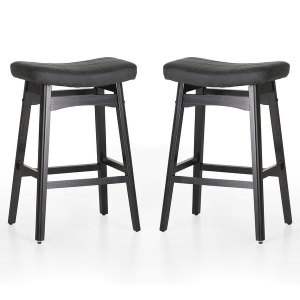 24 Inch Solid Wood Barstools with Linen / PU Leather Fabric Cushion， Set of 2