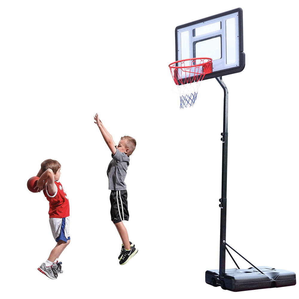 Outdoor Basketball Hoop Stand， Sesslife 7ft-8.5ft Height Adjustable Portable Basketball System w/Wheels and 34 Inch Shatterproof Backboard for Court Backyard， Black and Clear