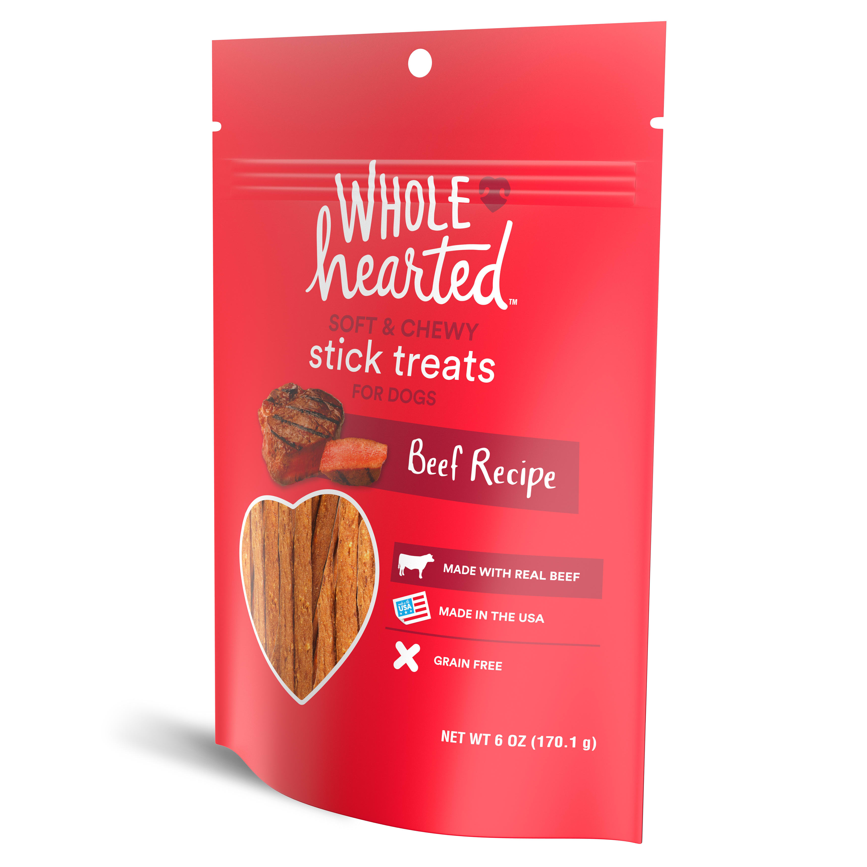 WholeHearted Grain Free Soft and Chewy Beef Recipe Dog Stick Treats， 16 oz