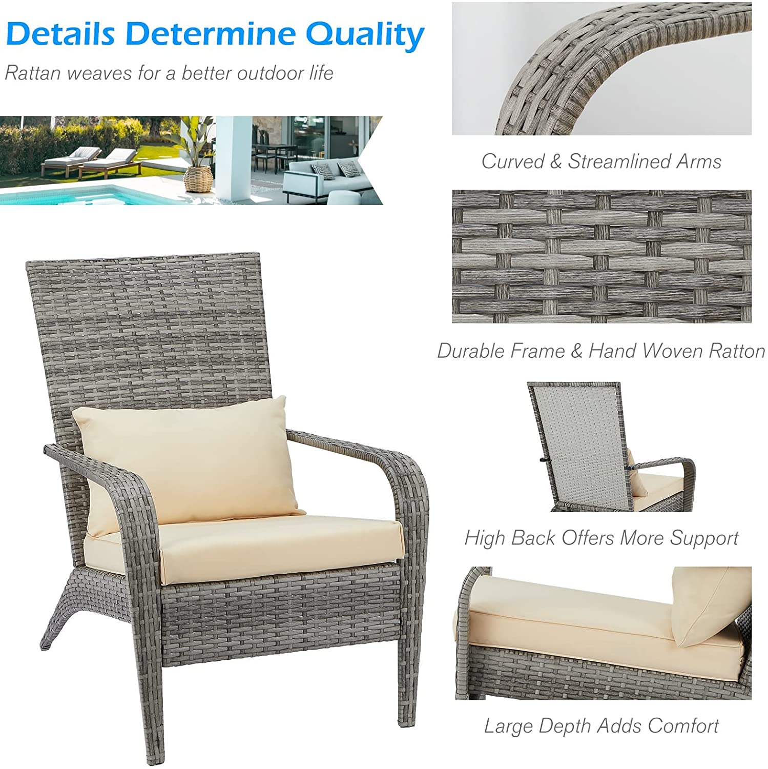 AECOJOY Patio Chairs High Back Wicker Outdoor Dining Chairs with Cushion and Pillow in Gray