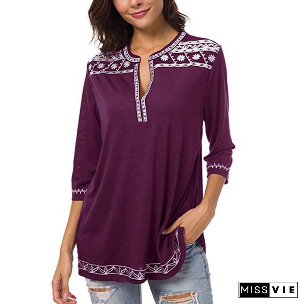 Women's V-neck Printed T-shirt Spring and Autumn Casual Nine-Sleeve Pullover Ladies Elegant Top