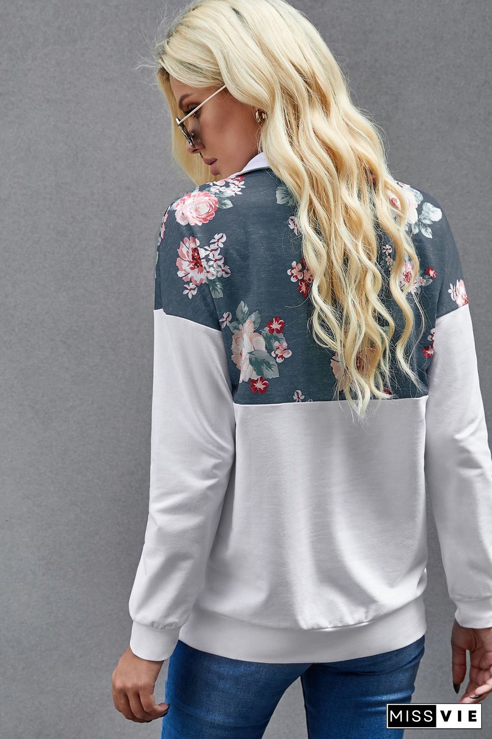 Floral Splice White Kangaroo Pocket Zip Collar Sweatshirt