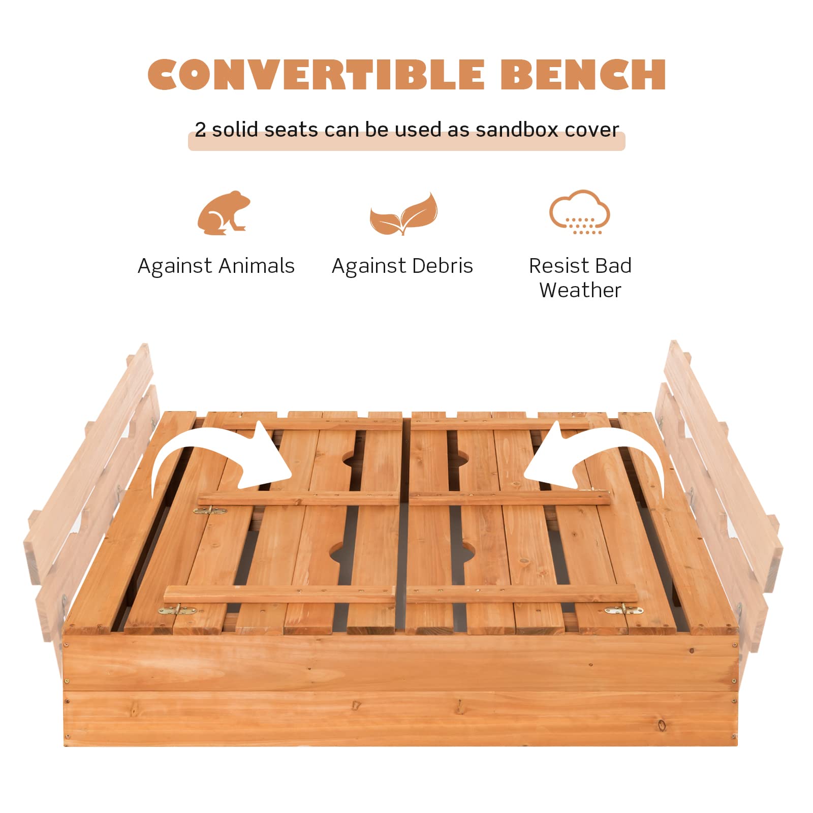 Costzon Kids Large Wooden Sandbox with Cover, 2 Convertible Bench Seats, Children Outdoor Play Furniture