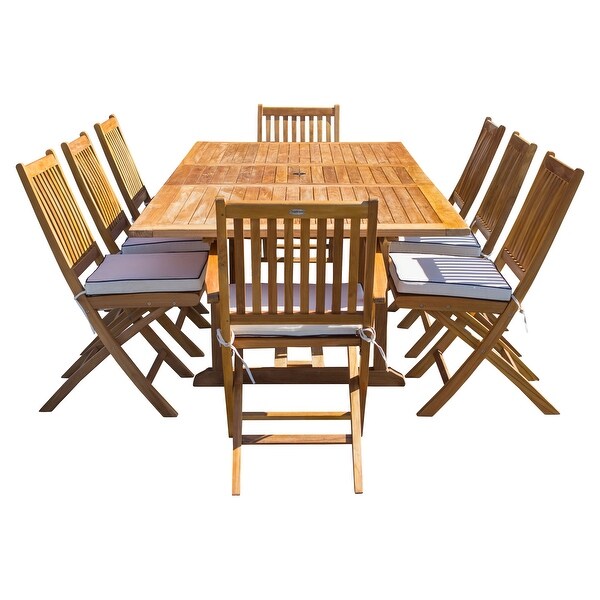 Seven Seas Teak 9 Piece Teak Wood Santa Monica Patio Dining Set，Rectangular Extension Table，8 Folding Arm and Side Chairs