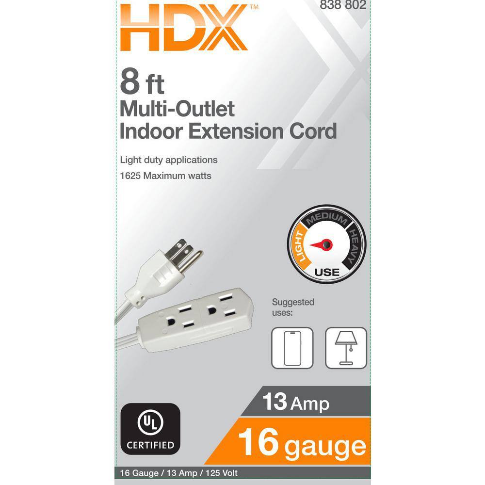 HDX 8 ft. 163 Light Duty Indoor Extension Cord with Banana Tap White HD#838-802