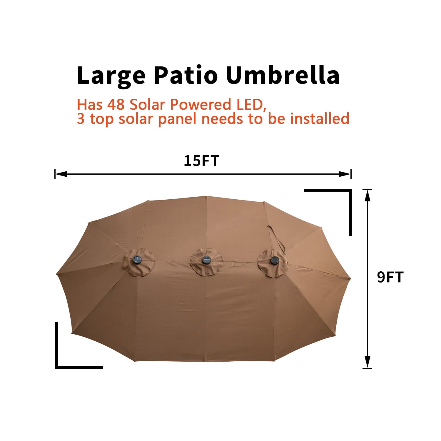 Ainfox 15ft Large Patio Umbrella with Solar Lights, Double-Sided Outdoor Rectangle Table Umbrellas with 48 LED Lights，Coffee