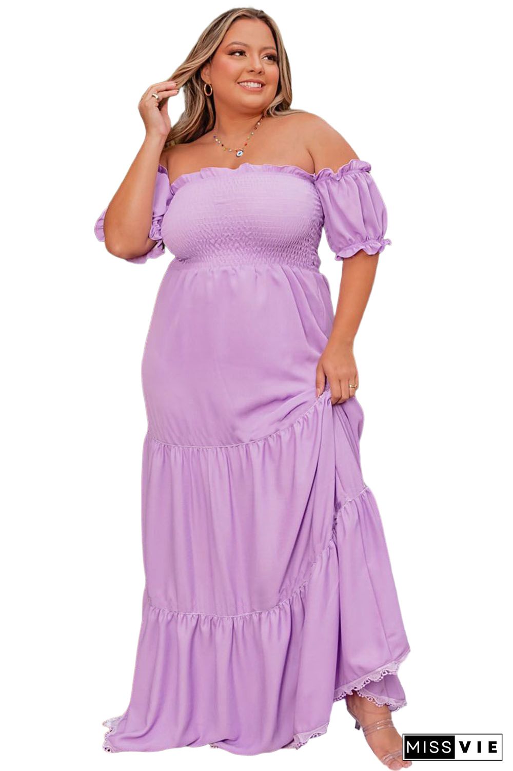 Purple Ruffled Smocked Off Shoulder Plus Size Maxi Dress