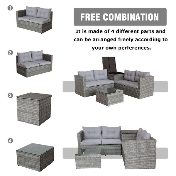 4 Piece Patio Sectional Wicker Rattan Outdoor Furniture Sofa Set with Storage Box - Overstock - 36064276