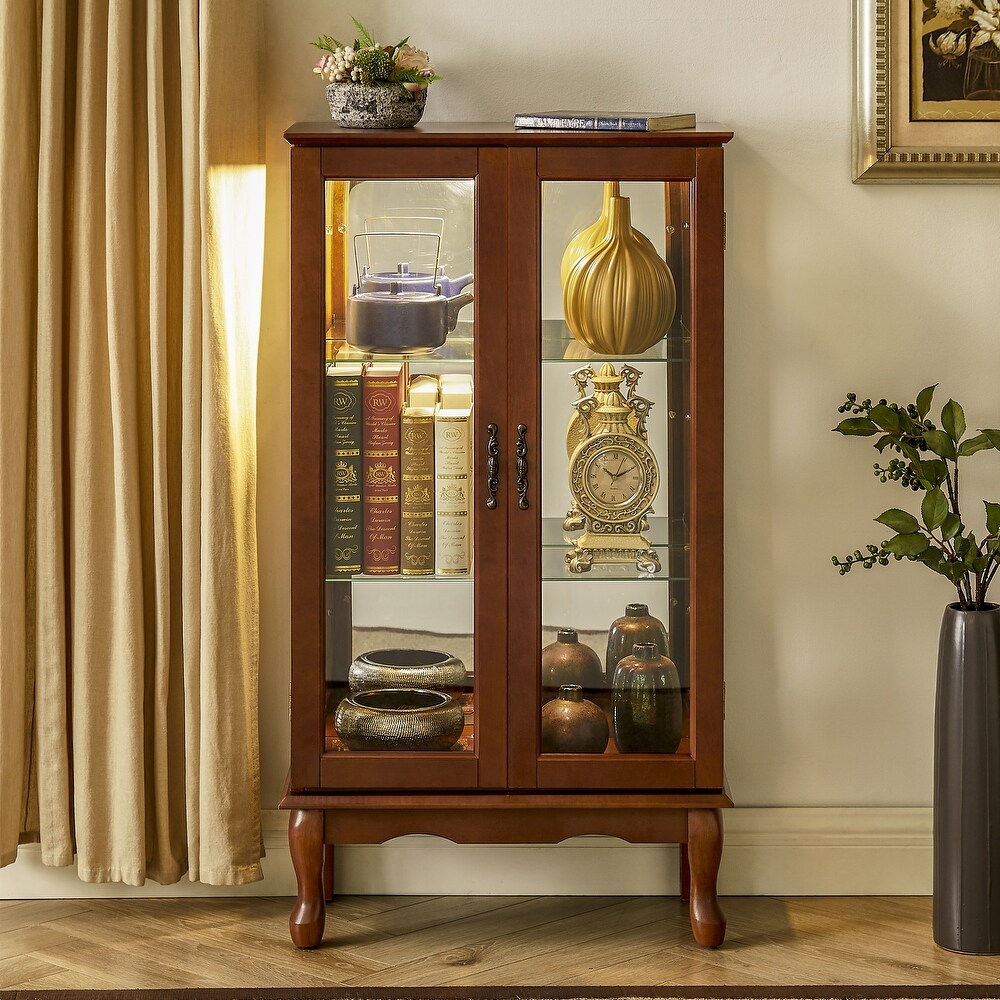 Curio Lighted Cabinet with Adjustable Shelves and Mirrored Back Panel